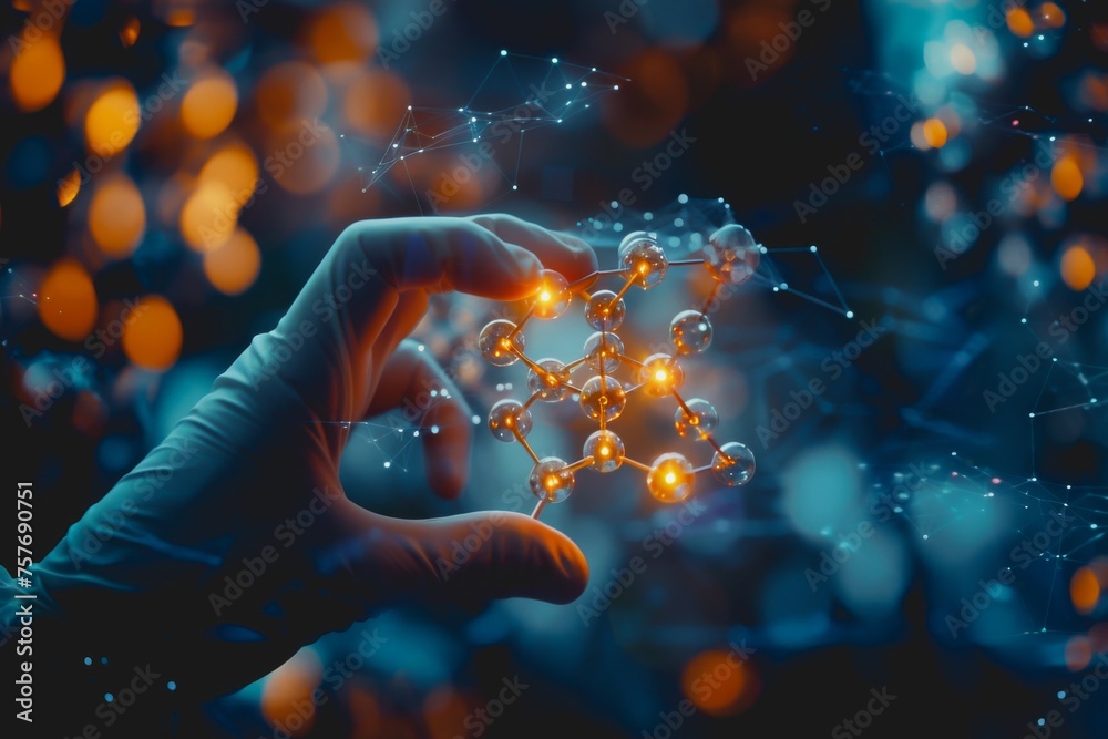 A scientist in a lab uses their hand to interact with a virtual molecular structure.
