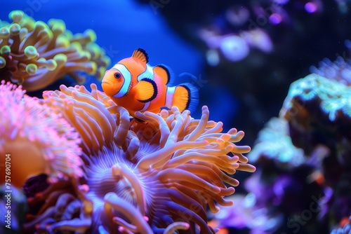 An image of a lively cartoon fish. Coral reefs with a variety of marine life