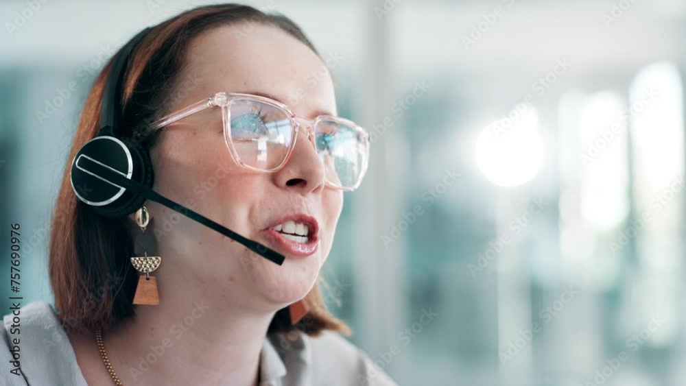 Call center, customer support and woman in office with headset for consulting, help and CRM service. Telemarketing, networking and business person talking for contact, connection and communication Call center, customer support and woman in office with headset for consulting, help and CRM service. Telemarketing, networking and business person talking for contact, connection and communication