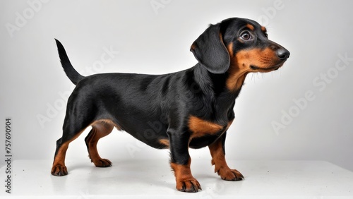 Black and tan smooth haired dachshund dog on grey background