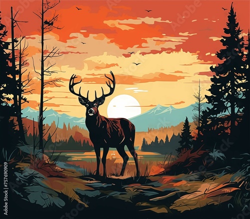 Deer Forest Mountain Sunset Oil Painting Background With Generative AI © LebahStudio