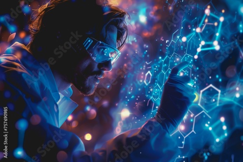 A scientist in a lab uses their hand to interact with a virtual molecular structure.