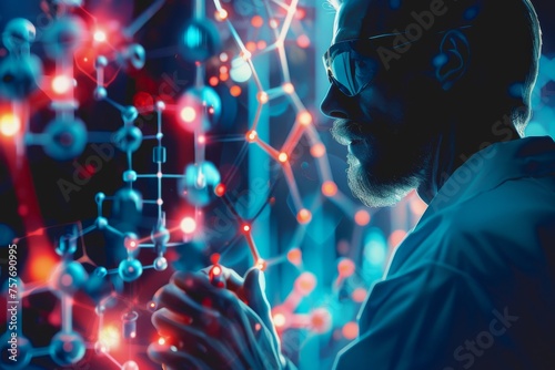 A scientist in a lab uses their hand to interact with a virtual molecular structure.
