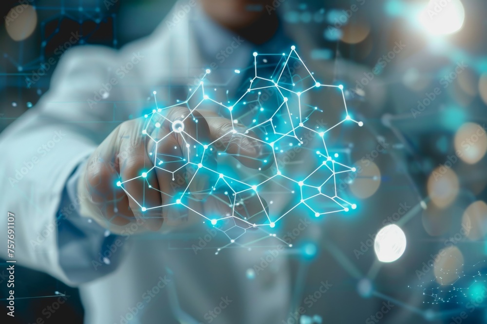 A scientist in a lab uses their hand to interact with a virtual molecular structure. A scientist in a lab uses their hand to interact with a virtual molecular structure.
