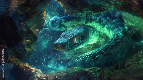 Basilisk slithering through a glowing cave in a bewitched land
