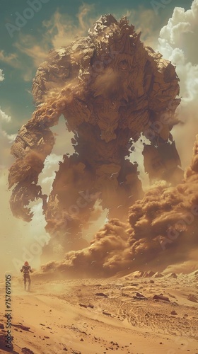 Paint a scene of a colossal sandstorm golem wreaking havoc in a desolate desert battlefield