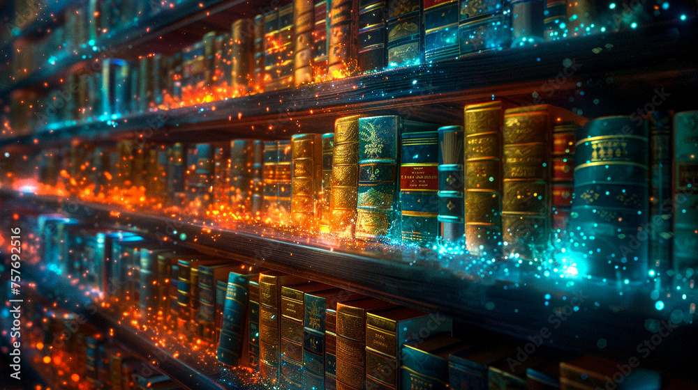 Ancient libraries digitized in a neon realm preserving knowledge with a futuristic touch