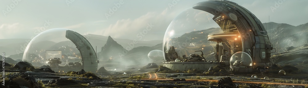 Industrial Alien Base: Protected Futuristic Military Compound with Translucent Dome Shield and Advanced Technology - obrazy, fototapety, plakaty 
