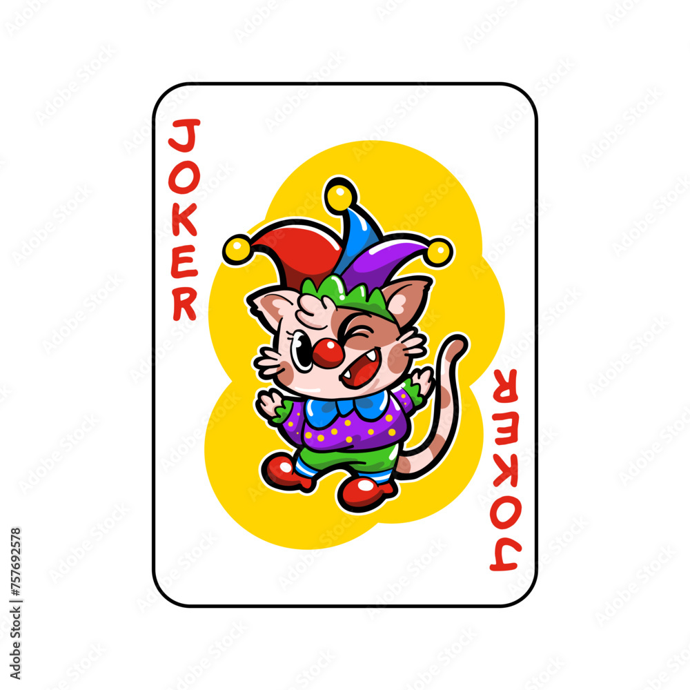 Vector cartoon joker card deck of a cute and fun cat wearing a clown dress