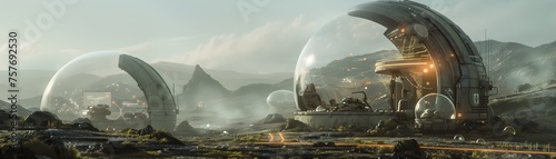Industrial Alien Base: Protected Futuristic Military Compound with Translucent Dome Shield and Advanced Technology