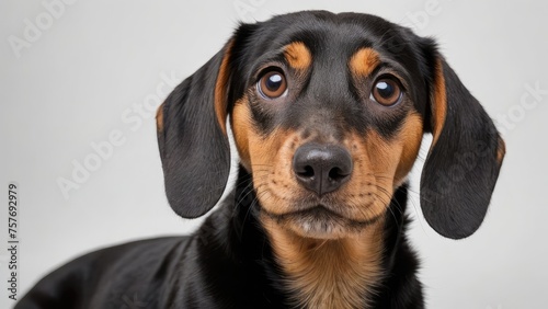 Portrait of Black and tan smooth haired dachshund dog on grey background © QuoDesign