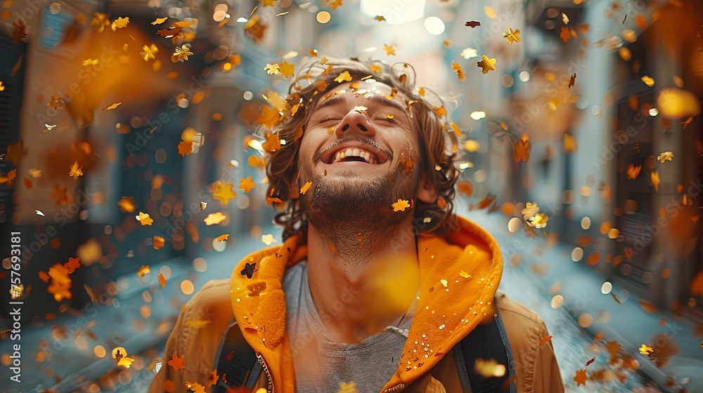 Man covetred with confetti, concept of celebration Man covetred with confetti, concept of celebration