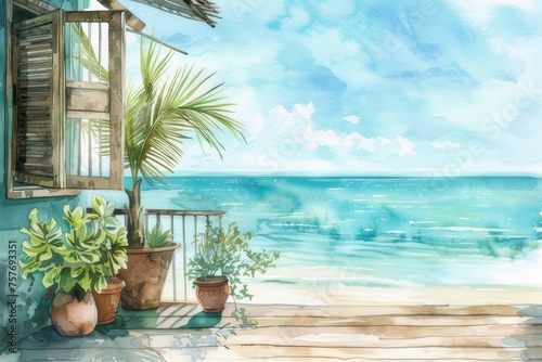 Watercolor of a beach house with open windows Scenery of the turquoise sea