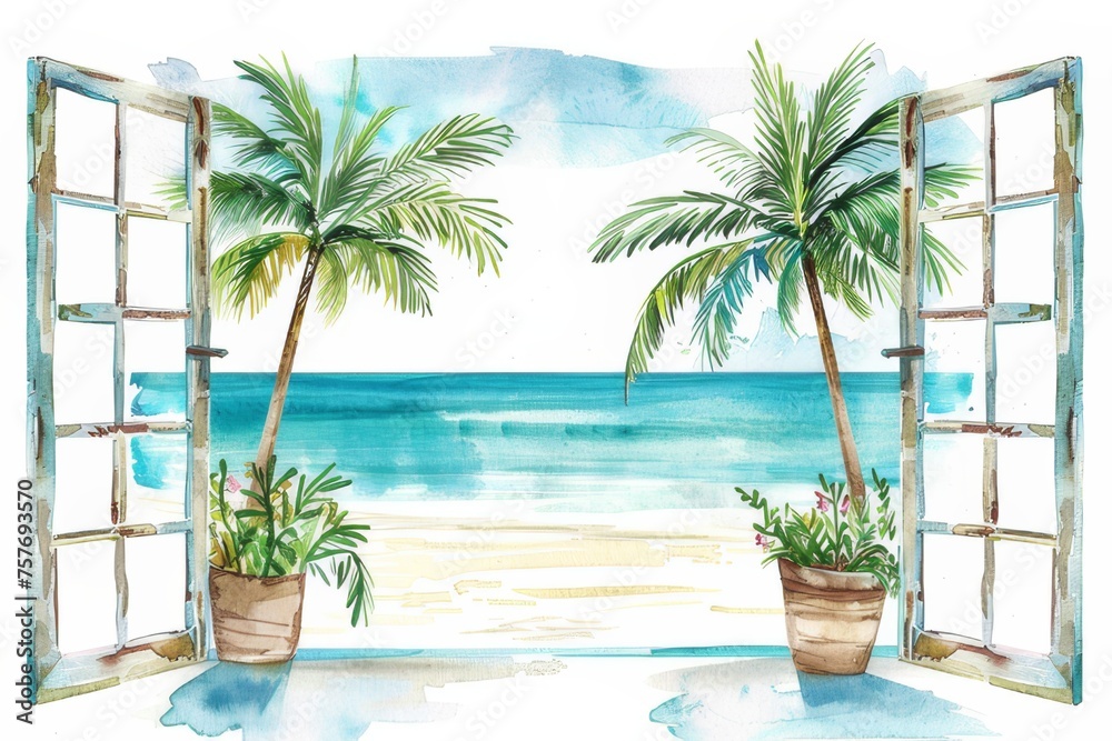 Fototapeta premium Watercolor of a beach house with open windows Scenery of the turquoise sea