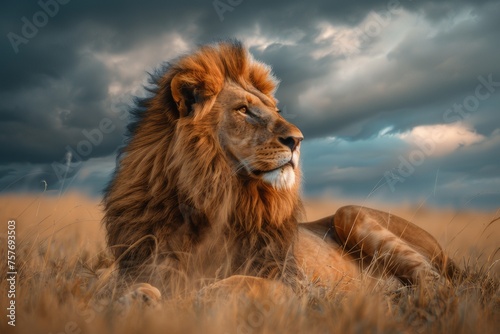 A lion lies in the grass of the savannah. In the background, a dramatic stormy sky appears.