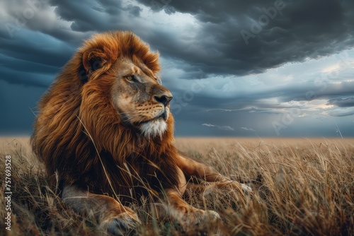 A lion lies in the grass of the savannah. In the background, a dramatic stormy sky appears.