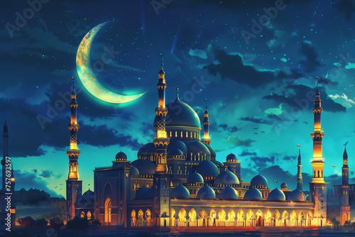 A mosque illuminated by the crescent moon during Ramadan