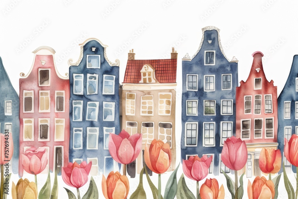 Watercolor house and tulips
