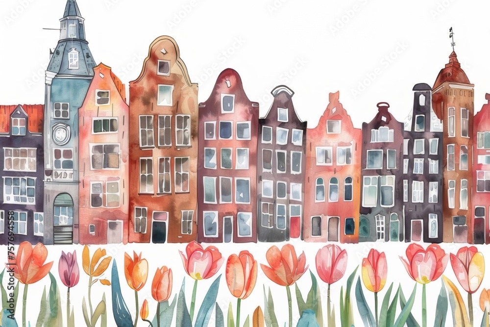 Watercolor house and tulips