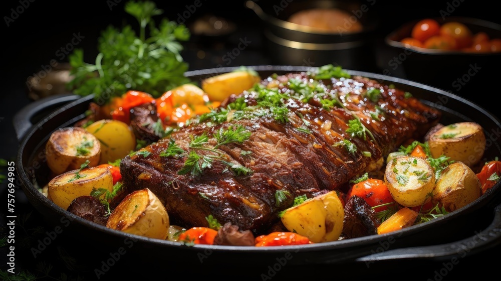 delicious pot roast meat with black and blur background delicious pot roast meat with black and blur background