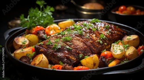 delicious pot roast meat with black and blur background © GradPlanet