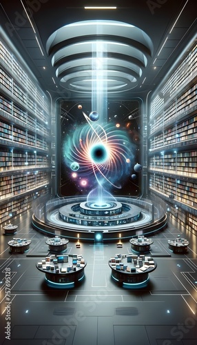 DALL·E 2024-03-04 16.59.45 - A conceptual art piece showing a futuristic library with books and holograms containing the knowledge of the universe, including secrets of black hole