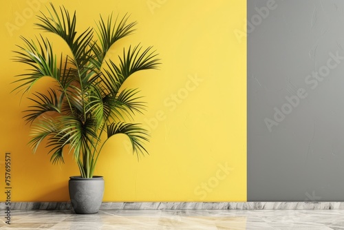 A green potted plant stands in front of a vibrant yellow wall, adding a pop of color to the urban setting