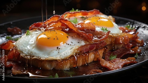 crispy bacon with egg on top, black and blurry background