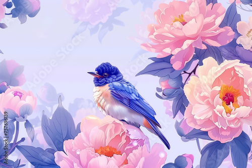 Elegant digital illustration of a vibrant blue bird perched among pastel peonies, perfect as a tranquil background with space for text in the top left corner