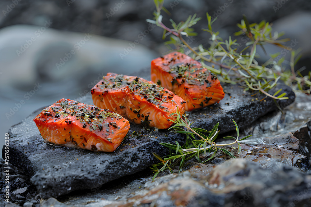 Herb-coated Copper River sockeye salmon fillets seasoned and resting atop a stone surface.
Herb-coated Copper River sockeye salmon fillets seasoned and resting atop a stone surface.