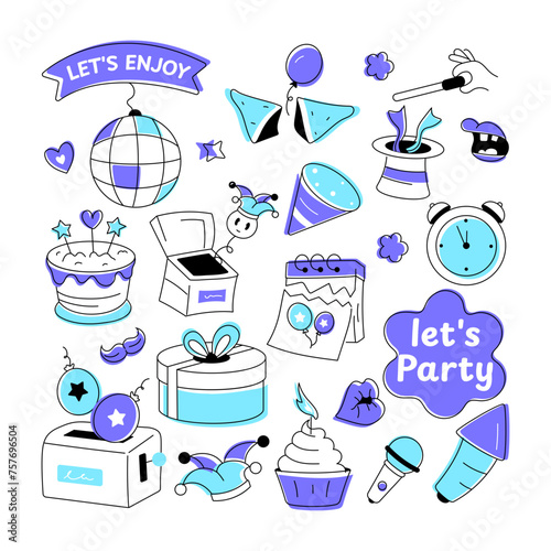 Birthday vector in doodle style with celebration elements, food items, and firecrackers