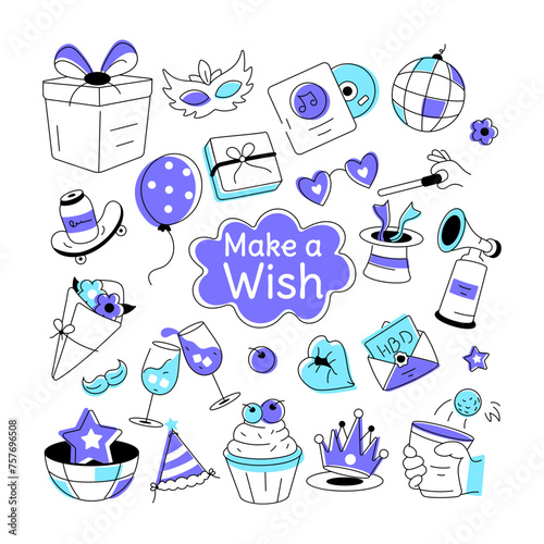 Birthday vector in doodle style with celebration elements, food items, and firecrackers