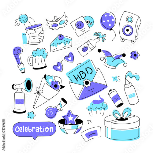 Birthday vector in doodle style with celebration elements, food items, and firecrackers