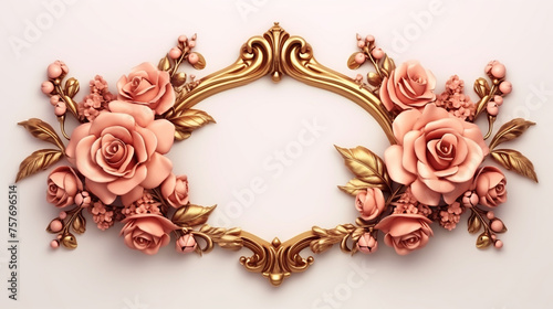 flower background concept. vintage baroque golden picture frame and rose flowers