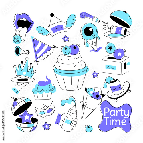 Birthday vector in doodle style with celebration elements, food items, and firecrackers