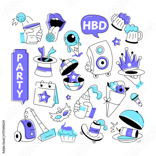 Birthday vector in doodle style with celebration elements, food items, and firecrackers