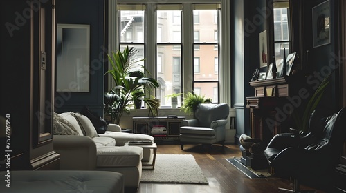 Cozy NYC Brownstone Living Room with Vintage Furniture and City View - Warm, Inviting, Urban Interior