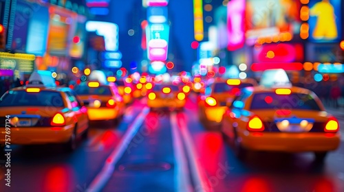 Blurred background of city street at night with yellow cars and neon lights.