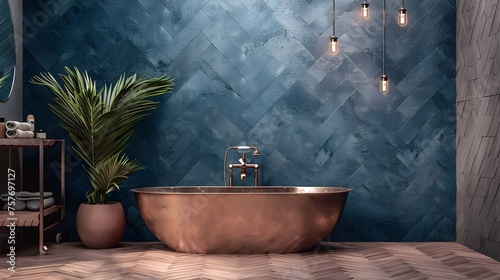 Copper Bathtub in Modern Herringbone Tiled Bathroom Elevating Spa-like Ambiance
