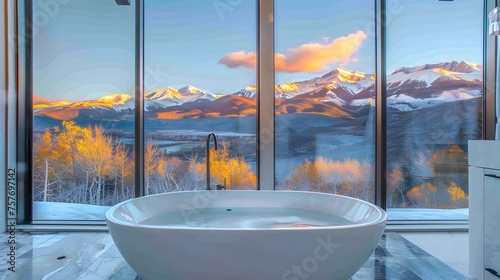 Contemporary Loft Bathroom with Panoramic Mountain View at Sunset photo