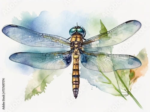 Watercolor illustration of a dragonfly on a watercolor background.