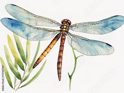 Illustration of a dragonfly on a branch of a tree.