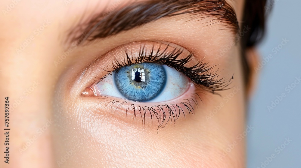 Obraz premium Close up of a beautiful woman's blue eye with a contact lens, in a macro shot.
