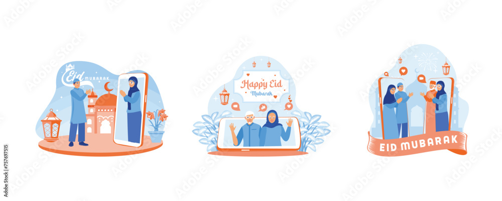 Forgive each other during Eid. Grandparents couple making video calls. Muslim families are making video calls during the pandemic. Happy Eid Mubarak concept. Set flat vector illustration.