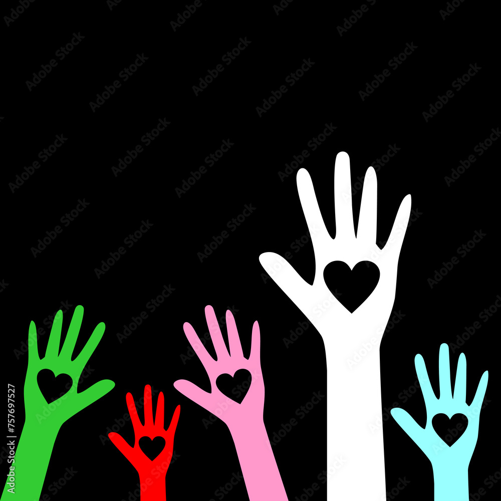 Obraz premium Colorful hands up with hearts. Heart in hand. Vector icon. Charity Silhouette icons. Volunteer Poster. Donation, Love Icons.