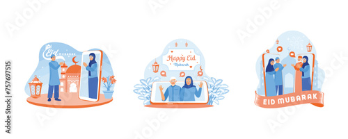 Forgive each other during Eid. Grandparents couple making video calls. Muslim families are making video calls during the pandemic. Happy Eid Mubarak concept. Set flat vector illustration.