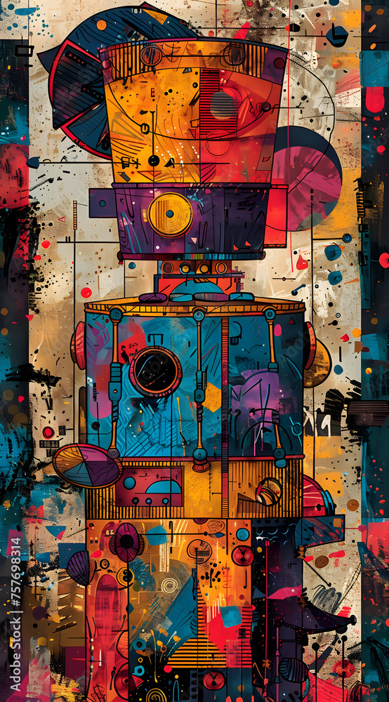 Vibrant magenta robot painting with bucket hat on wood