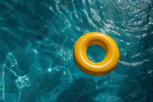 A bright yellow ring floats gently on the calm surface of a body of water, reflecting the sunlight