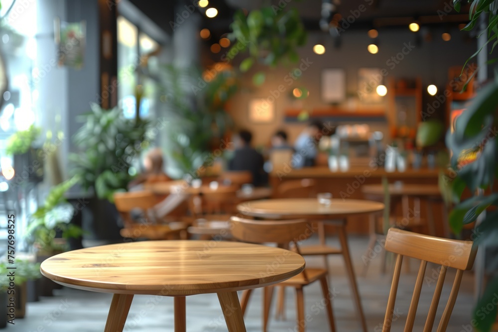 Obraz premium Cafe interior with empty wooden tables and blurred background, concept of hospitality and casual dining space
