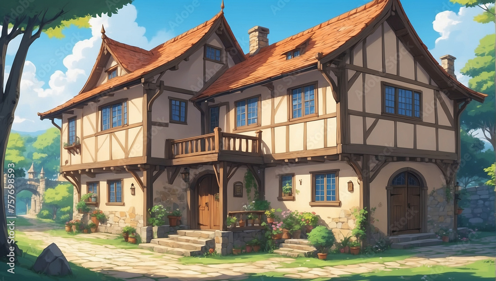 Medieval Manor: Illustration of a Medieval House, Reflecting the Architectural Grandeur and Historical Charm of the Era